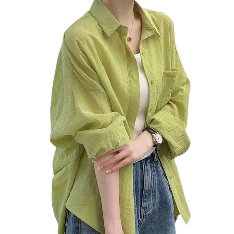 Простая Базовая Повседневная Свободная Женская рубашка белый зеленый корейский