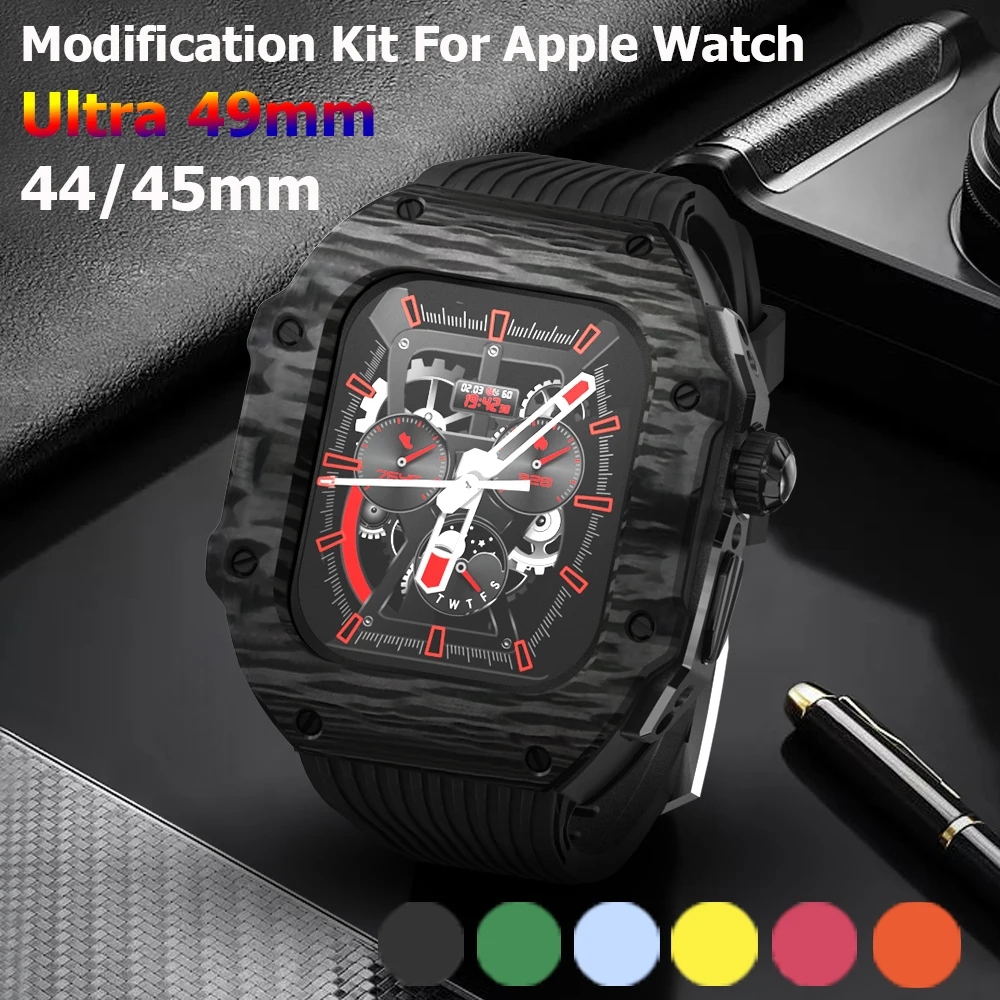 

Mod Kit Case Set for Apple Watch Ultra 49mm Band Carbon Fiber Cover Luxury Rubber Strap for iWatch Series 8 7 6 5 SE 44mm 45mm