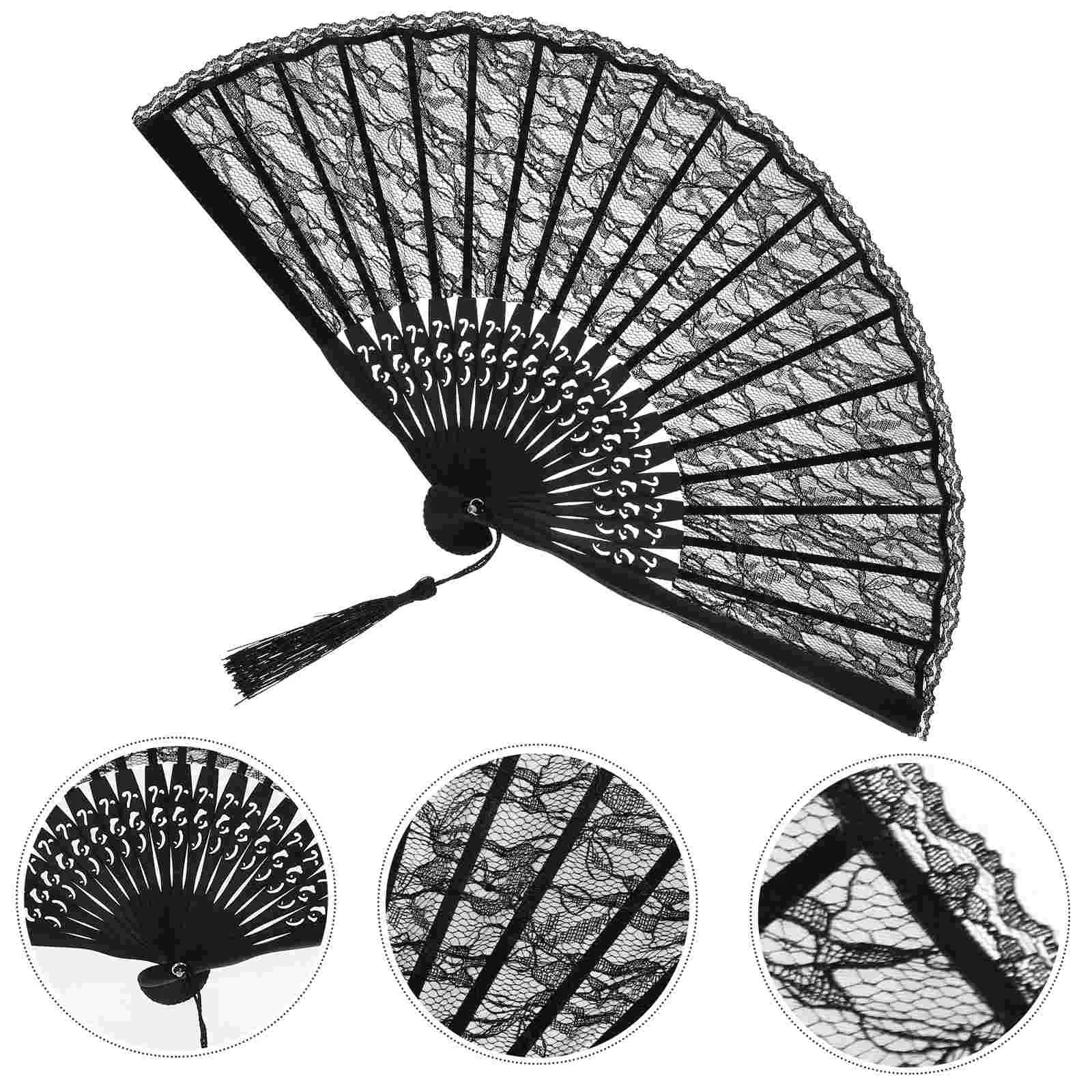 

Fan Folding Hand Lace Fans Women Silk Handheld Spanish Chinese Foldable Black Japanese Wedding Victorian Held Paper Cotton