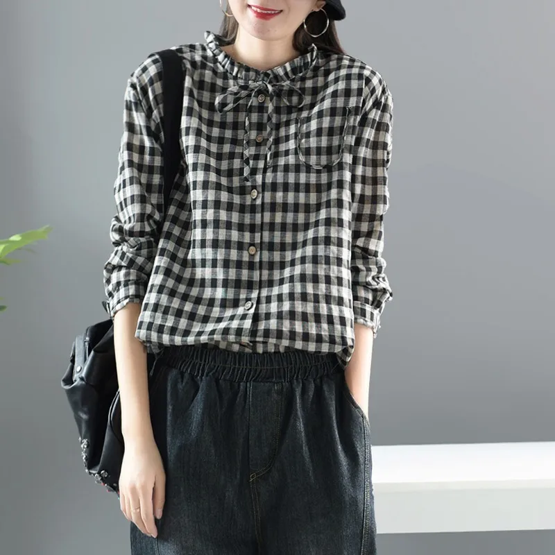 

Vintage cotton linen women's shirt long-sleeved plaid top