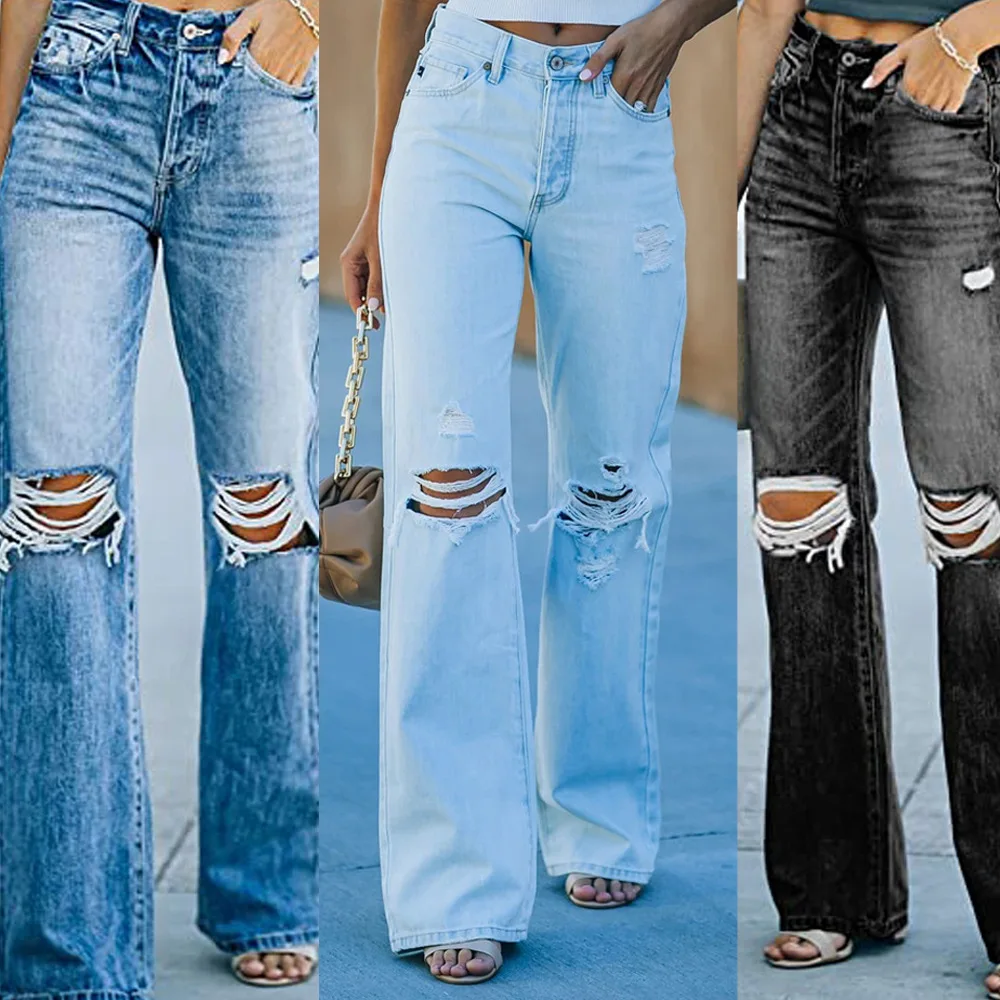 

Summer High Waist Wash Hole Long Jeans Womens Jeans Woman Jeans High Waist Women Clothes Blue Jeans Straight Jeans