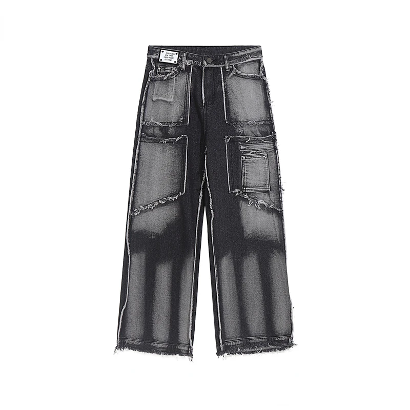 

2023 Модная брендовая нишевая Дизайнерская одежда для работы, джинсы для мужчин, свободные облегающие прямые широкие брюки с грубыми краями, потертые