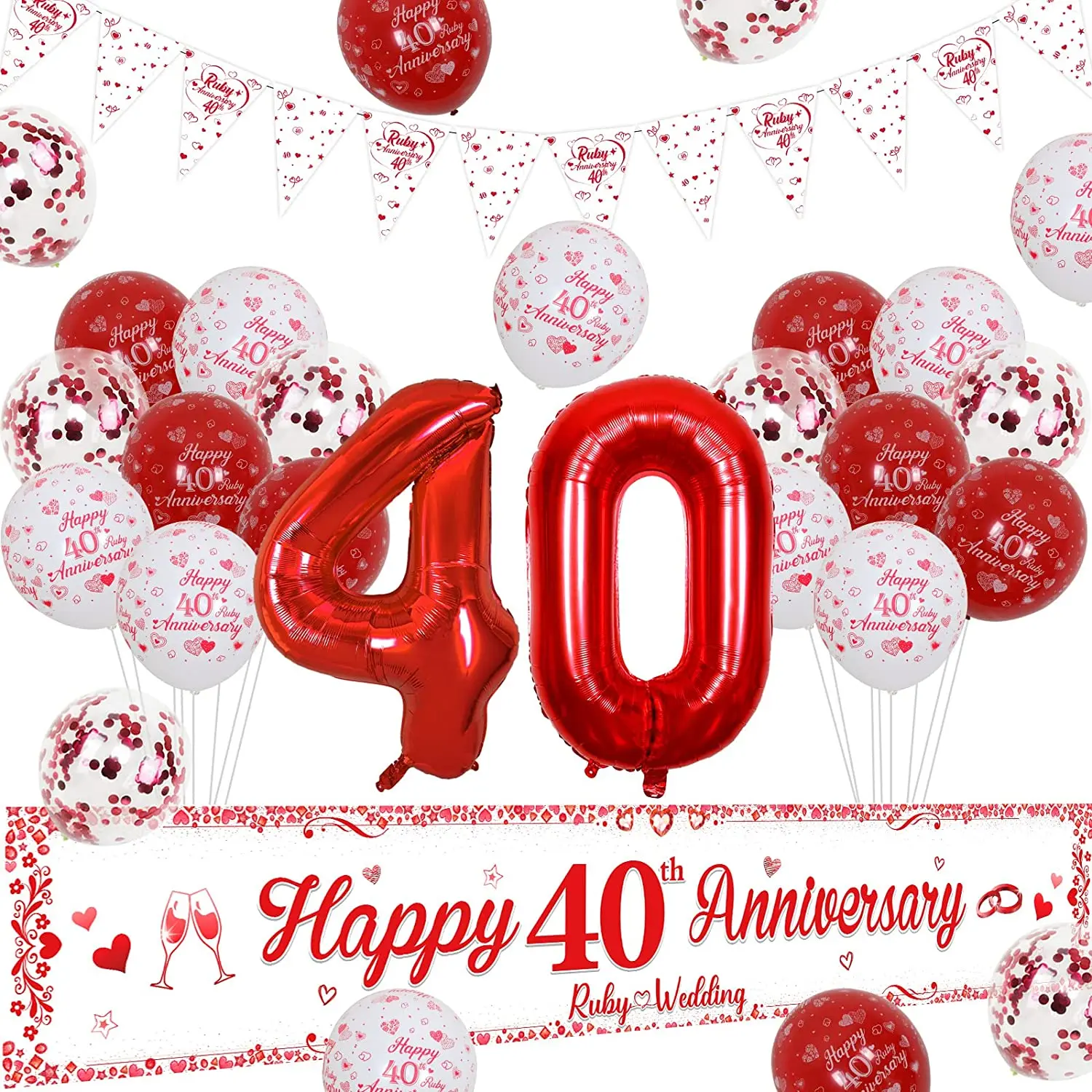 

Kreatwow Happy 40th Wedding Anniversary Day Decorations Red Ruby Bunting Flags Banner Number 40 Balloons Kit for Party Supplies