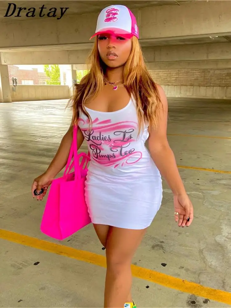 

Dratay Summer Letter Print Mini Dresses For Women 2022 O Neck Sleeveless Bodycon Dress Female White Slim Casual Short Dress