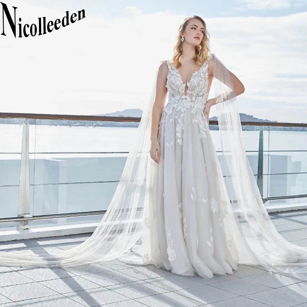 

Nicolle Exquisite Backless Wedding Dresses For Bride V-Neck Sleeveless Lace Appliques Tulle A-LINE Court Train Robe De Mariée