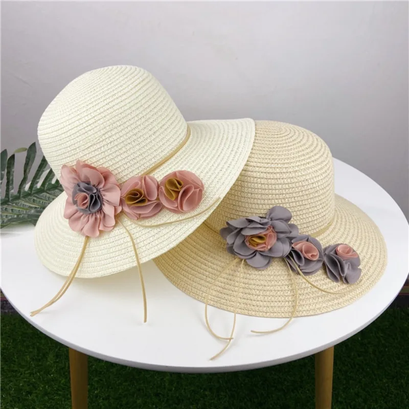 

2022 Summer New Solid Floppy Straw Hats For Women Flower Accessories Ladies Summer Beach Sun Caps Panama Style Hat