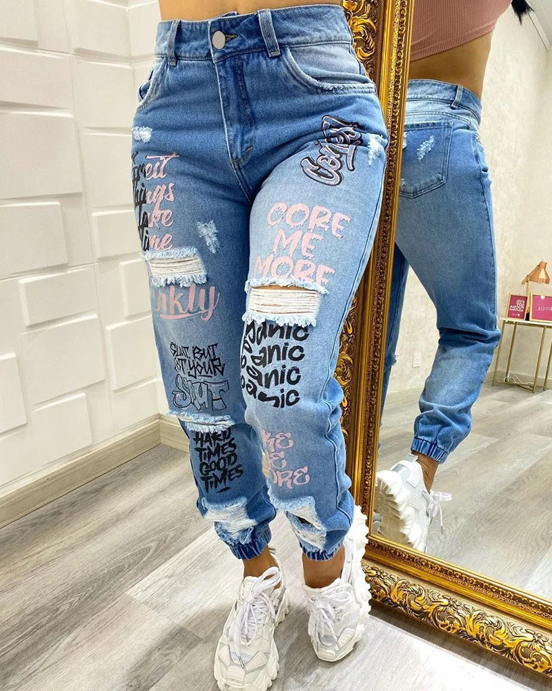 

Jeans for Women Letter Print Slant Pocket Ripped Jeans Women Casual Denim Pants
