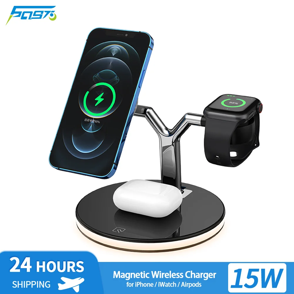 

Магнитная Беспроводная зарядная станция 3 в 1 для iPhone 12 13 14 Mini Pro Max Apple Watch, 15 Вт, док-станция для быстрой зарядки для Airpods