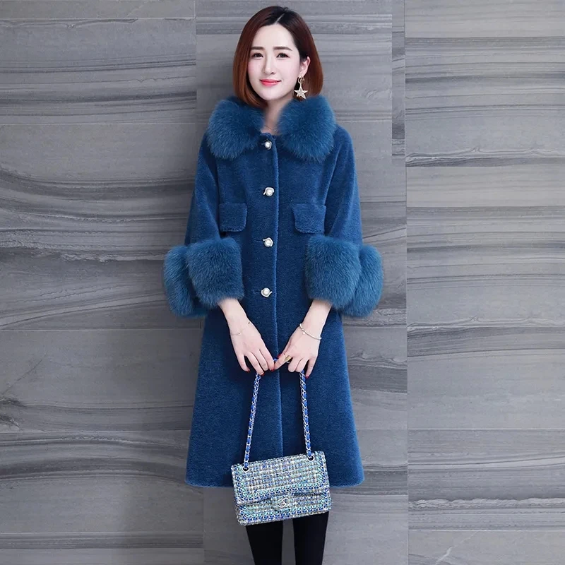

Sheep Shearing Coat Womens Large Size Real Fox Fur Collar Long Wool Jacket Women 2022 Winter Fashion All-match Casual Outerwear