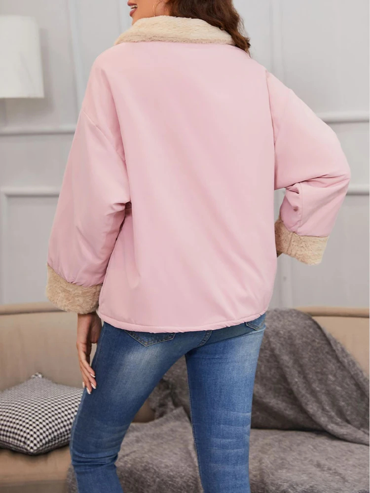 2023 New Turn Down Collar Long Sleeve Coats Casual Trendy Zipper Closure Outwears Autumn Winter Warm Thicken Comfy Lamb Jackets