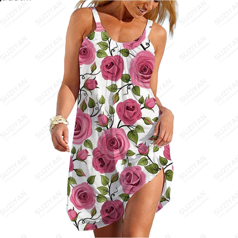 

Fashion New Spring/Summer Women's Colorful Flower Flamingo 3D Printed Beach Skirt with U Neck Short Sleeve Women's A-line Skirt
