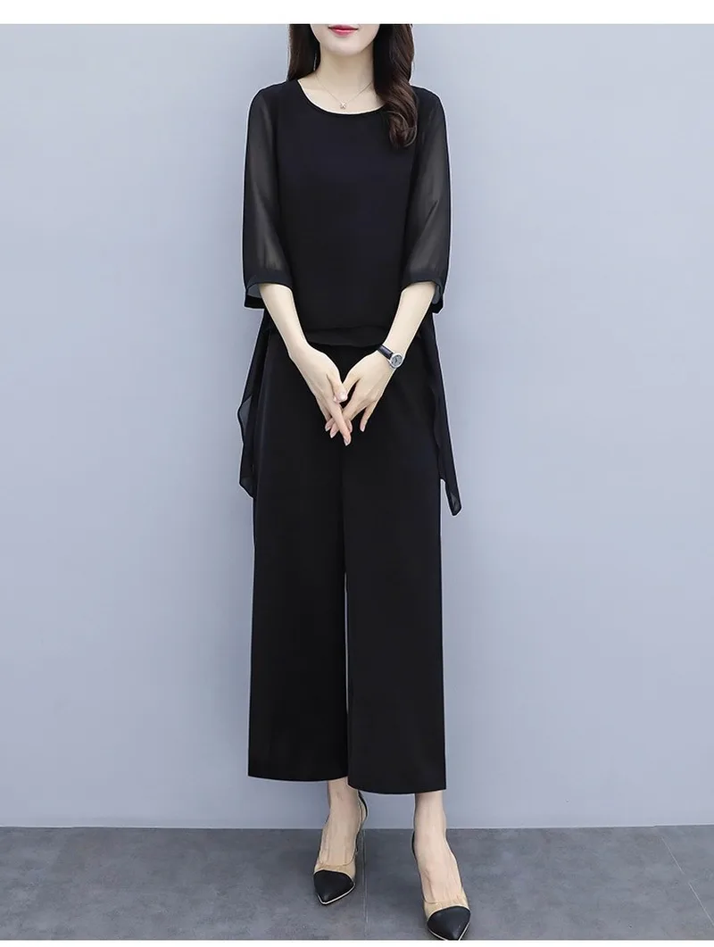 

Summer Women Chiffon 2 Two Piece Sets Outfits Asymmetrical Blouses + Wide Leg Pants Suits Elegant Korean Sets