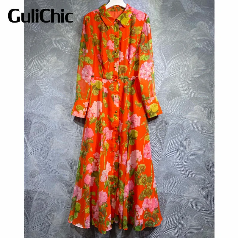 

10.9 GuliChic Fashion Turn-Down Collar Single Breasted Flower Print Collect Waist Temperament Long Dress Women