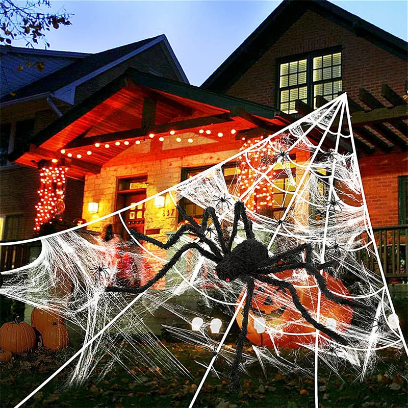 New Halloween Giant Spider Huge Stretchy Cobwebs Terror Plush Spider Halloween Decor Props Haunted Home/Party/Lawn/Outdoor Decor