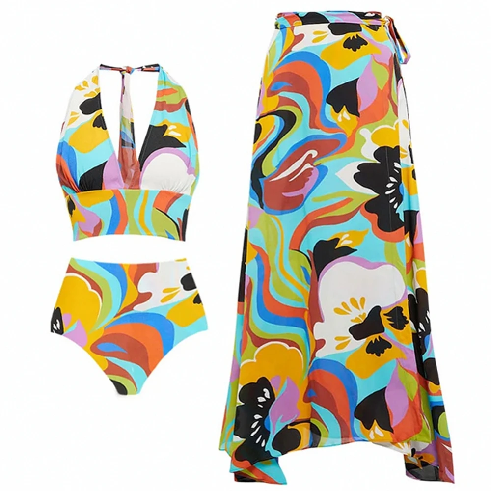 

Retro Bikini Printed Fashion One Piece Swimsuit And Cover Up With Skirt Tight Women's Bandage Summer Beach Luxury Elegant