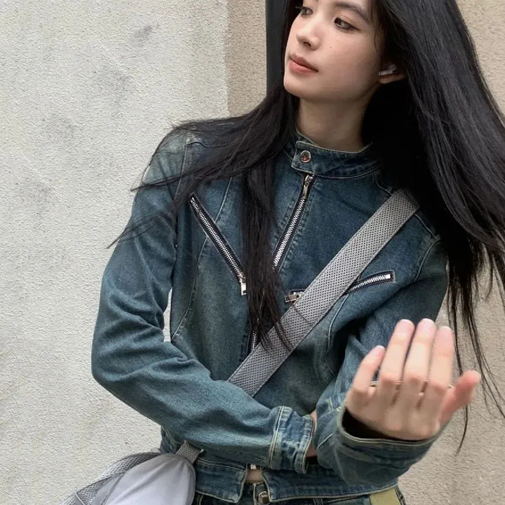 Осень 2024 уличная одежда джинсовые куртки женские Y2k сексуальные ретро стираные