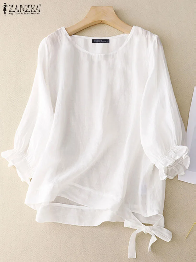 Блузка ZANZEA Женская однотонная с круглым вырезом элегантная рубашка рукавами 3/4