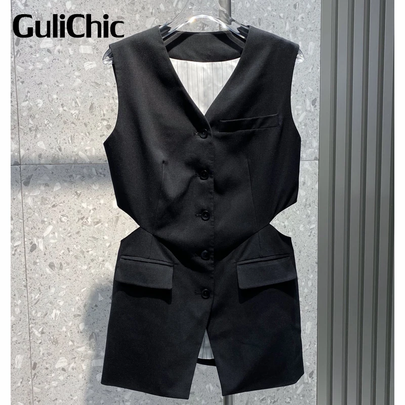 

6.26 GuliChic Women Fashion Office Lady Hollow Out V-Neck Single Breasted Sleeveless Collect Waist Vest Waistcoat