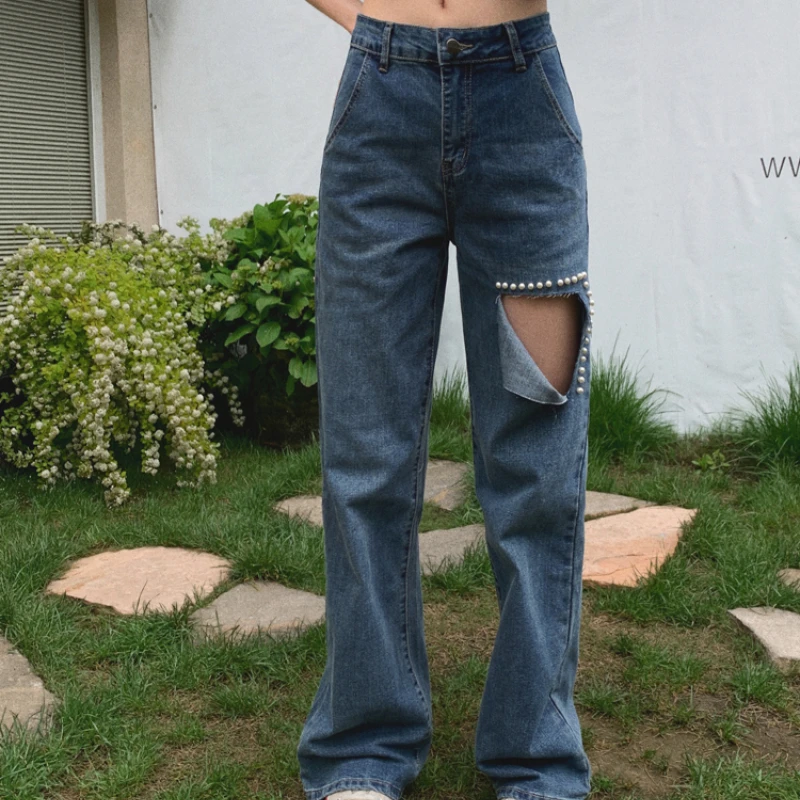 Women's Street Style Casual Wide-leg Denim Pants 2023 Fashion Beading Ripped Hole Jeans New High Waist Straight Denim Trousers
