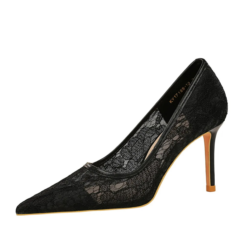 

34-43 Banquet Women's Shoes Skinny High Heels Pointed-toe Thin Heel Mesh Hollow Lace Pumps