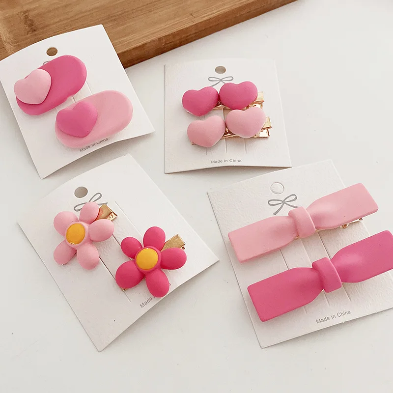 

2Pcs/Set Children Cute Pink Cartoon Flower Ornament Hair Clips Baby Girls Love Hairpins Kids Hair Accessories
