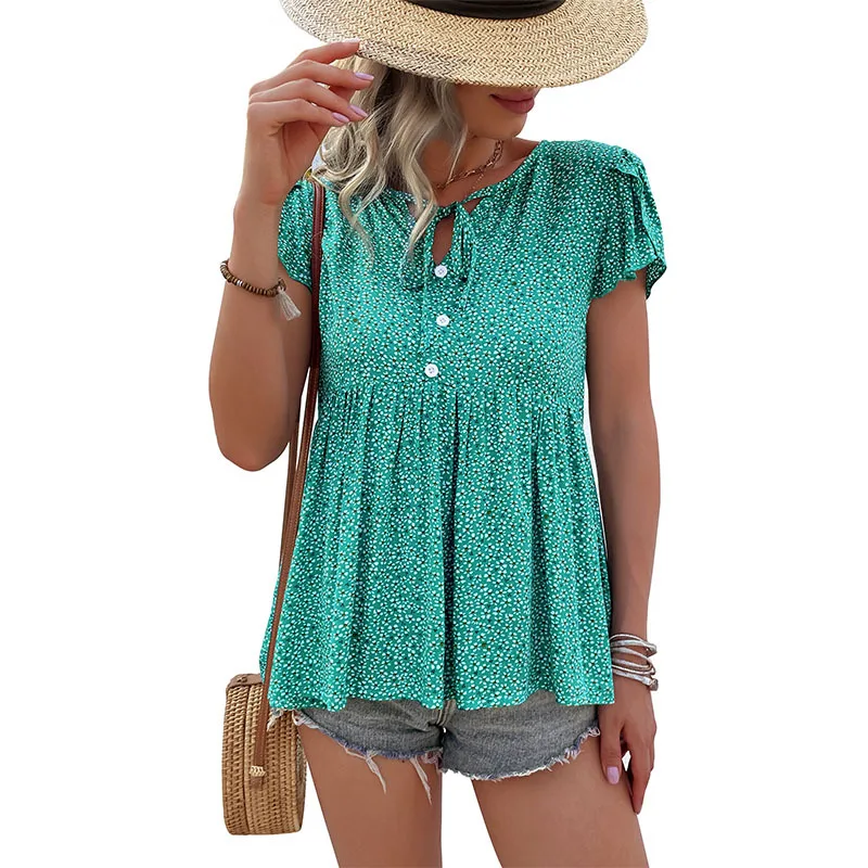 

Женская блузка на пуговицах, с коротким рукавом и V-образным вырезом