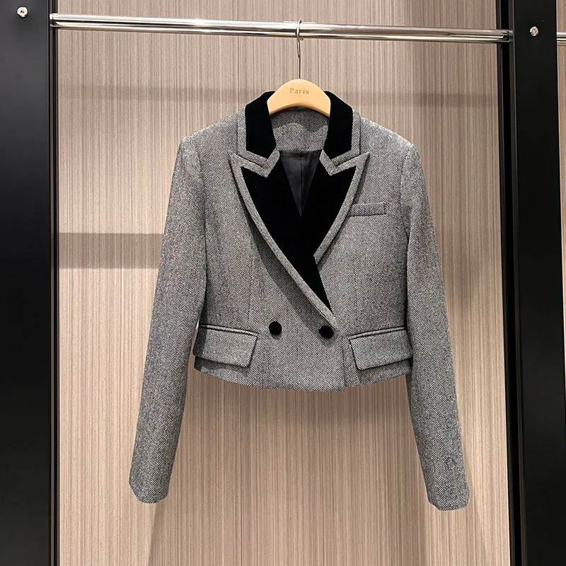 Женские дизайнерские короткие пальто с узором елочка элегантный бархатный