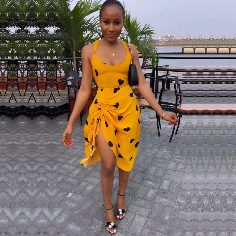 

WUHE Drawstring Ruched High Side Slit A-line Print Sexy Women Dress 2023 Fashion Streetwear Summer Dresses Vestidos