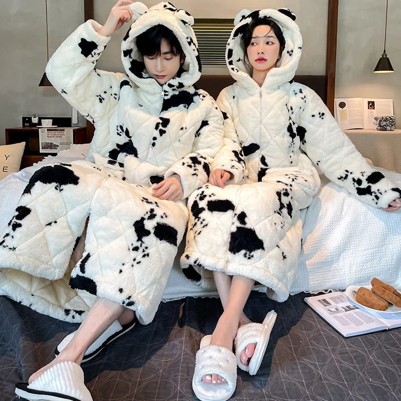 Women Casual Sleepwear White Flannel Print Nightgown Winter Soft Homewear Hooded Bathrobe Long Coral Fleece Kimono Robe