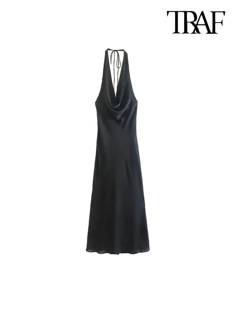 

TRAF Women Fashion With Tied Flowy Draped Midi Dress Vintage Halter Neck Sleeveless Female Dresses Vestidos Mujer