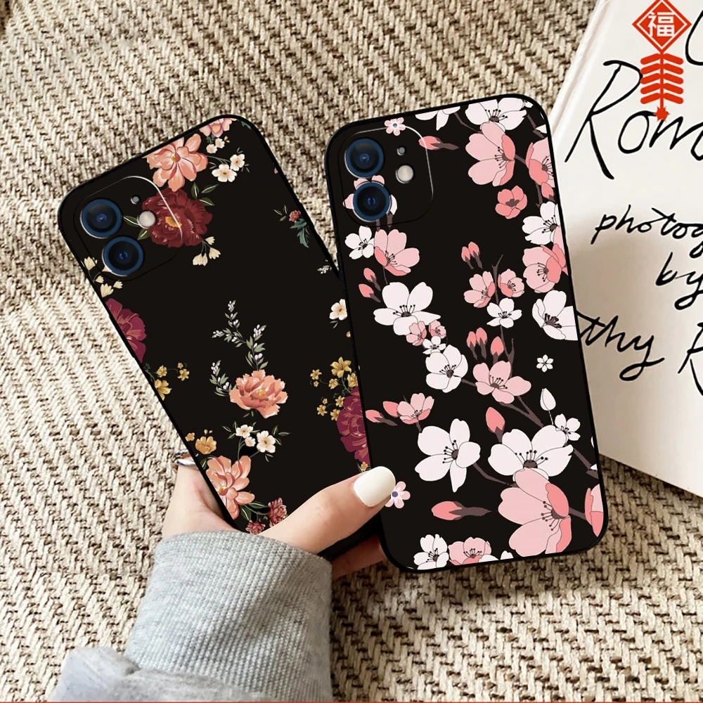 

Simple Flowers And Plants Phone Case For Funda iPhone 13 12 11 Pro Max Mini X XR XS Max SE 2020 6 6s 7 8 Plus Funda Black