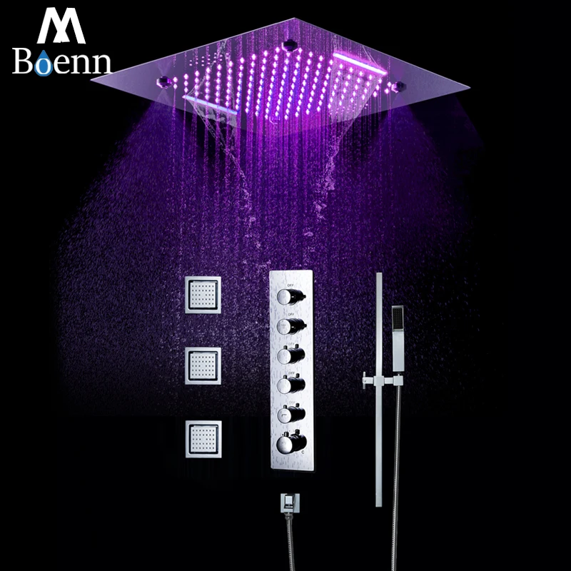 

M Boenn 5 Functions Thermostatic Shower System Embedded Ceiling 20" Music LED Shower Head Bathroom Faucet Concealed Diverter Tap