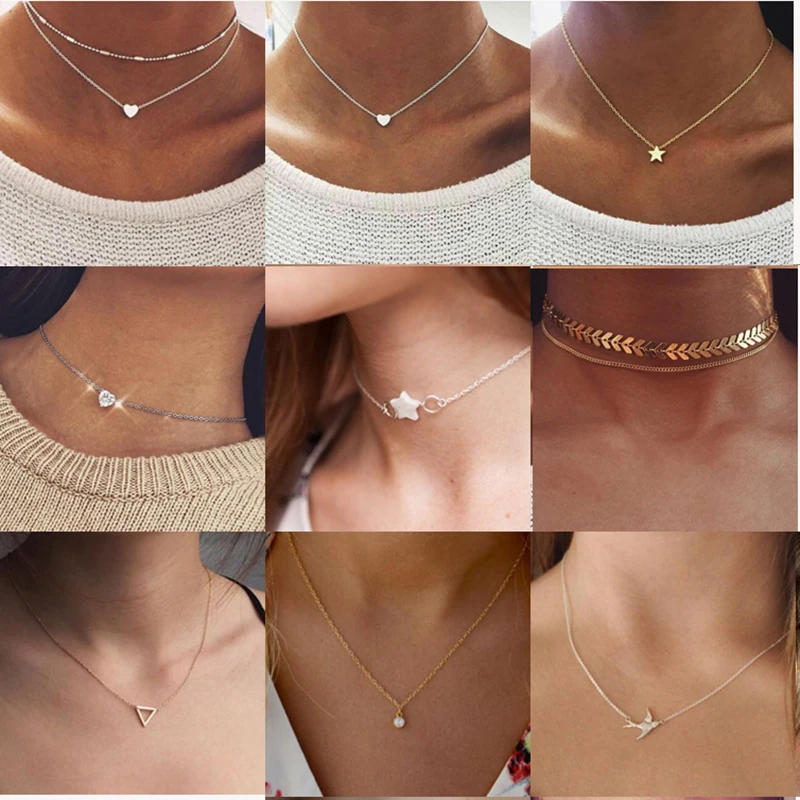 

Hot Sale Hollow Triangle Hearts Moon Stars Necklaces for Women Chokers Chain Necklaces Bijoux Collier Femme