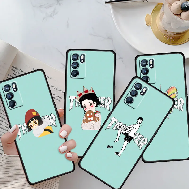 

Cute cartoon Fashion Soft Shockproof Black Phone Case For OPPO Reno 6 5 4 3 2 2Z 2F Z 4F 4Z 5G Pro Plus Lite Coque