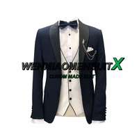 navy blue mens suit wedding tuxedo groomsman jacket pants vest shawl collar formal blazer 2 buttons costume homme