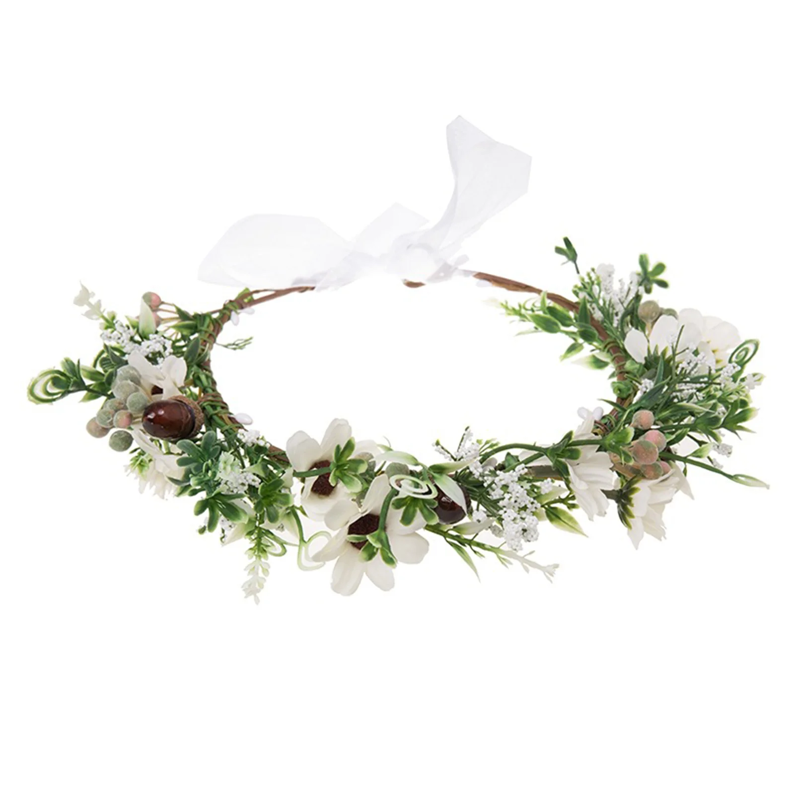 

Boho Floral Wreath Headband Lace-up Headdress White Flower Hair Hoop for Bridesmaid Wedding Dating Shopping