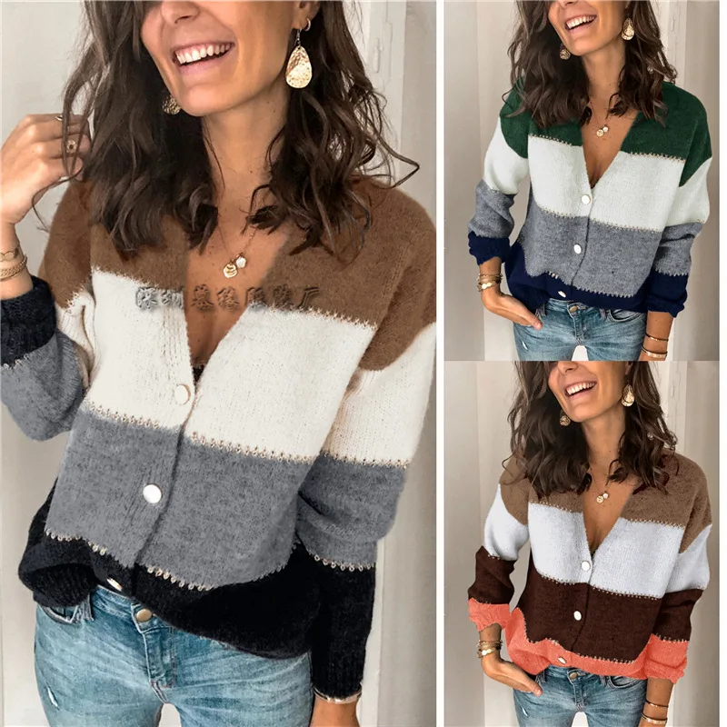 

Autumn New Fashion Cardigan Stripe Button V-Neck Knitted Sweater for warmth and loose fit for women