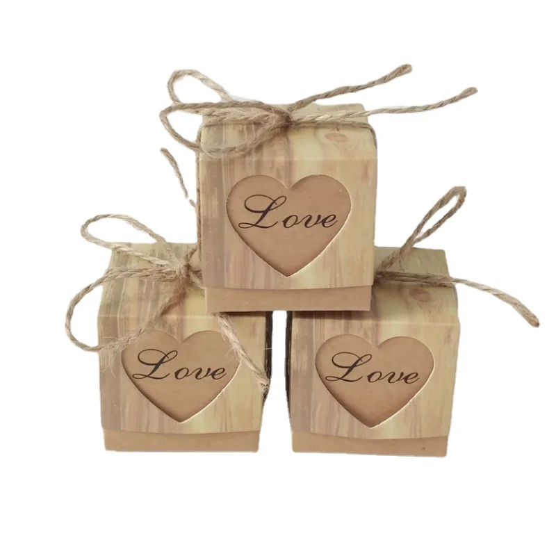 

50/100pcs Kraft Paper Candy Box Love Heart Shape Square Packaging Boxes with Rope Wedding Favors for Guests Birthday Party Decor
