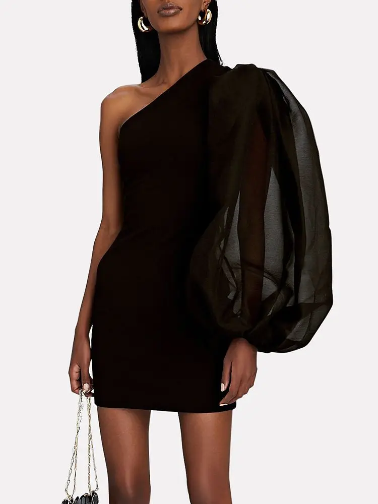 

2022 Autumn New Women'S Sexy One Shoulder Lantern Sleeve Mini Bandage Dress Bodycon Celebrity Club Party Evening Dress