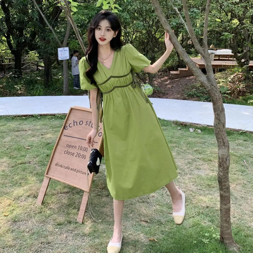 

Affixed with Ribbon V-neck Dress for Women Summer High Sense First Love Skirt Artistic Style Milk Sweet Women's Clothing