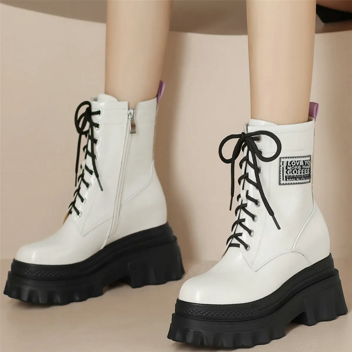 

Fashion Sneakers Women Genuine Leather Wedges High Heel Motorcycle Boots Female Winter Round Toe Platform Pumps Casual Shoes