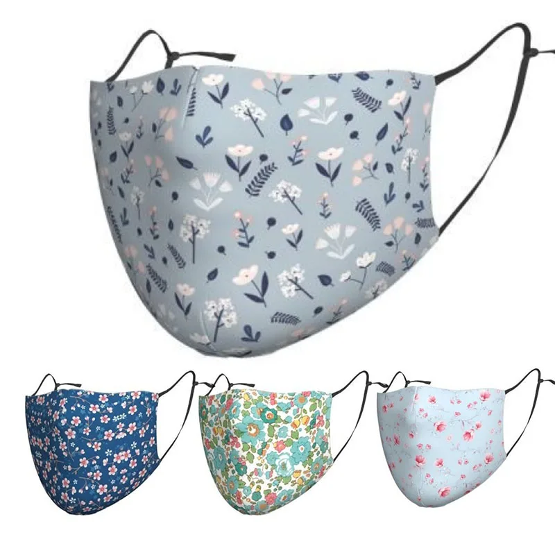 

Blue Background Flowers Cotton Facial Mask Halloween Cosplay Mask Floral Reusable Face Warm Windproof Masks