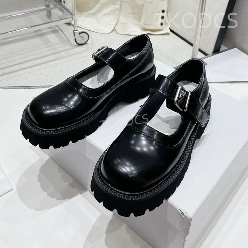 

Runway Women New Black White Loafers Real Leather Buckle Strap Chunky Heels Mules Spring Autumn Outwear Designer Causal Shoes