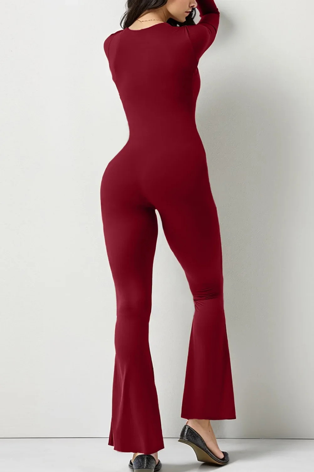 Foreign trade women's long sleeved waist cinching and lifting square collar wide leg high elastic jumpsuit