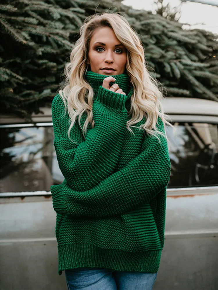 

2023 New Autumn Women Solid Pullover Thick Winter Clothes Warm Knitted Oversized Turtleneck Sweater For Female Green Tops Jumper