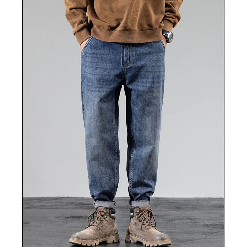 Streetwear Men New Pattern Vintage Recreational Blue Thick Style Jeans Loose Broad Leg Straight Cylinder Trousers Autumn Female