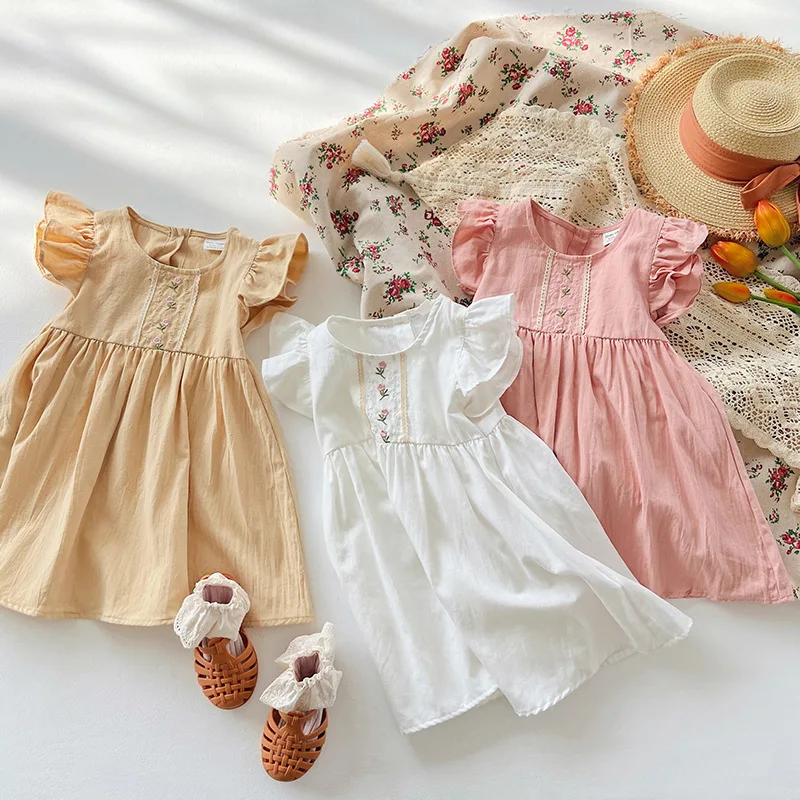 

Korean Children's Clothing 2023 Summer Flower Embroidery Girl's Dress Sweet Cotton Kids Casual Dresses Baby Girl Clothes