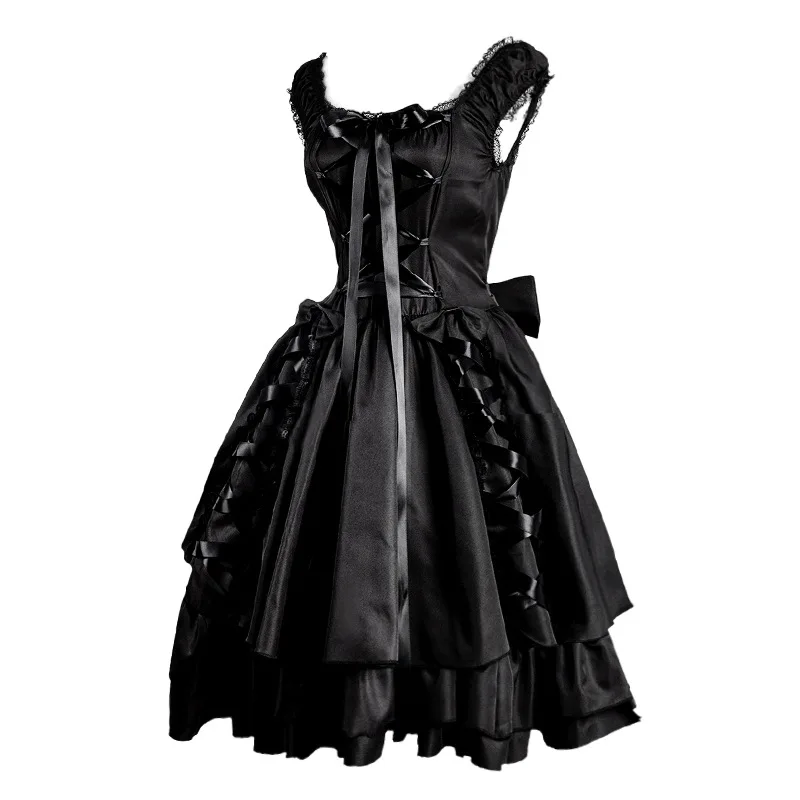 

Vintage Elegant Lace Up Black Gothic Dress Retro Party Dresses Women Black Cosplay Dress Layered Goth Lolita Halloween Costume
