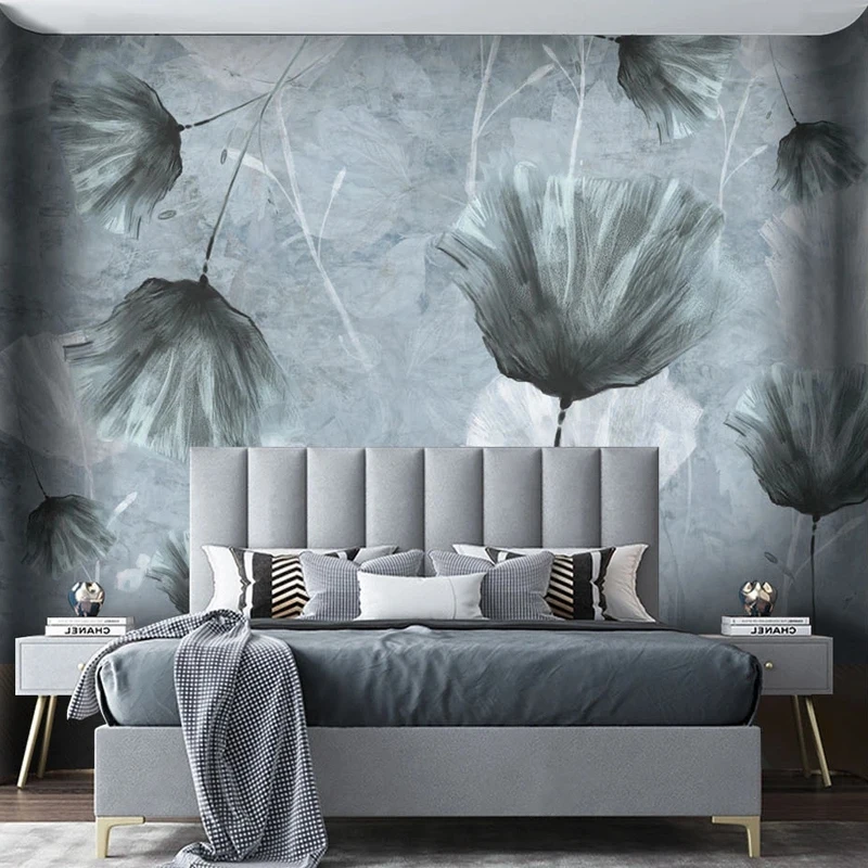 

Custom 3D Mural Grey Blue Flowers Leaves Painting Non-woven Relief Wallpaper for Bedroom Living Room TV Backdrop Wall Home Decor