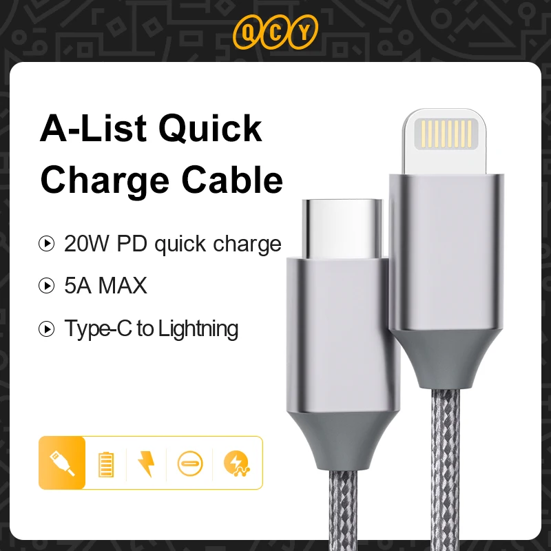 

QCY 20W PD Quick Charger Cable for iPhone 12 11x 7 8 Type-C to Lighting Fast Charging Cable Wired Charger Cable for MacBook